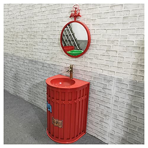 YRRA Autoportante Mobile sottolavabo Stile Industriale Mobile lavabo Bagno con lavello e Rubinetto Combinato, per Bagno copricolonna, 22,4 x 33,4 Pollici,Rosso,with Mirror