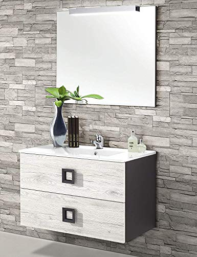 Mobile da bagno con lavabo sospeso - Componibile bagno sospeso 2 cassetti con maniglie in metallo, lavabo in ceramica e specchio con luce a Led. cm. 81 x 47 x 190h. Mobile di altissima qualit�. (STMB)