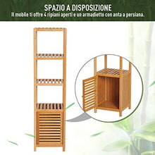 homcom Mobile Alto Bagno/Terrazzo, Scaffale a Torre in Bambù 4 Ripiani + Armadietto con Anta, 36x33x140cm, Color Legno