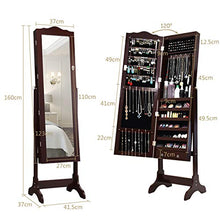 COSTWAY Armadietto Portagioie Specchiera per Gioielli con Chiave e Luci LED, Specchio Figura Intera da Terra, 160x41,5x37cm (Marrone)