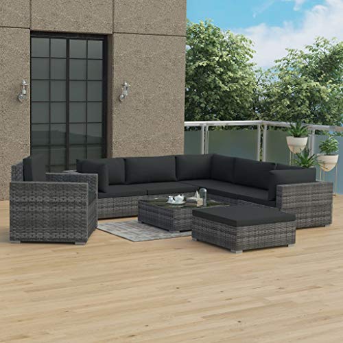 SKM Set Divani da Giardino 8 pz con Cuscini in Polyrattan Grigio (76.65kg)