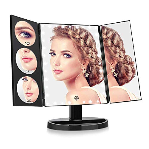Specchio cosmetico a LED, specchio da trucco illuminato a tre ante, touch screen e specchio con ingrandimento 3X / 5X / 10X, specchio per il trucco da tavolo con due modalità di alimentazione, specch