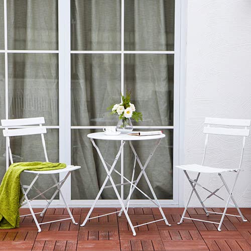 PiuShopping Set da Pranzo per Giardino, in Acciaio con Tavolo Rotondo E 2 SEDIE Pieghevoli (Bianco)