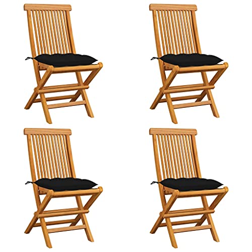 vidaXL Sedie da Giardino con Cuscini Neri 4 pz Massello di Teak