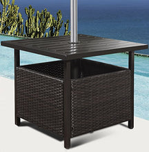 COSTWAY Tavolo di Vimini Giardino con Foro per Ombrellone, Struttura in Acciaio, Rattan, Marrone, 55,5x55,5x46cm