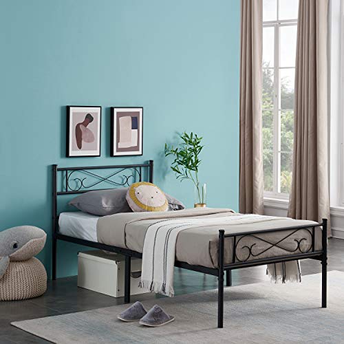 BenyLed Piattaforma di Metallo Singolo Telaio del Letto con testiera per Bambini Adulti per Materassi 90 * 190 cm, Nero (Stile Nuvole)