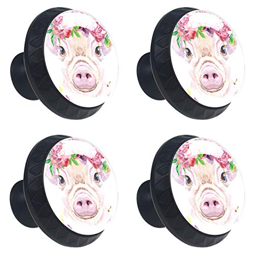 Set di 4 maniglie rotonde per armadio da cucina, credenza, cassettiera, cassettiera, con viti, per cucina, comò, armadietto, bagno, armadio, acquerello, maiale rosa floreale divertente