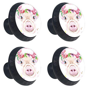 Set di 4 maniglie rotonde per armadio da cucina, credenza, cassettiera, cassettiera, con viti, per cucina, comò, armadietto, bagno, armadio, acquerello, maiale rosa floreale divertente