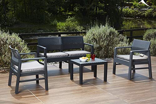 Dmora Salottino per Interno ed Esterno Composto da: 2 poltrone, 1 Divano a Due posti e 1 tavolino, con Cuscini, Made in Italy, Antracite