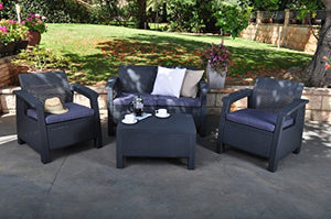 Keter Corfu Lounge Set, Mobili da Giardino con Divano 2 Posti, 2 Poltrone e Un Tavolino con Cuscini, Grafite, 50X168X75 Cm