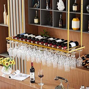 zxcvb Portabottiglie da Soffitto per Vino | Porta Bicchiere da Vino Appeso | Portabottiglie Vintage | Ripiano Decorativo per Soffitto | Supporto per Calici | Altezza Regolabile (Colore: Dorato)
