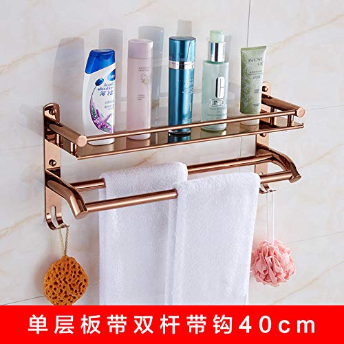 Joeesun Portasciugamani bagno in oro rosa europeo portasciugamani portasciugamani in acciaio inossidabile appeso a parete portasciugamani placcato oro, singola scheda con doppia asta con gancio 40 cm