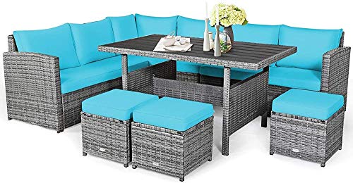 YRRA - Set di 7 mobili da giardino in rattan sezionale, con cuscini per tutte le condizioni atmosferiche, in vimini con tavolo da pranzo e ottomani, colore: Turchese