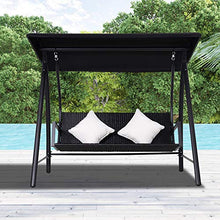 Outsunny Dondolo Polyrattan da Giardino a 3 posti, 2 Cuscini e Baldacchino Ferro Verniciato a Polvere Tetto Idrorepellente Cuscini Sfoderabili Nero 198x124x179cm 360kg