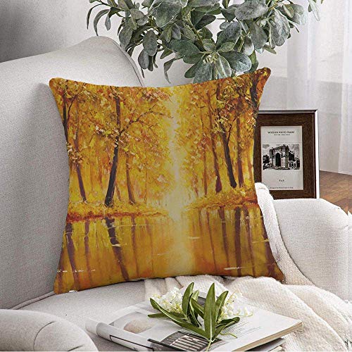 Kris.D Copertura Decorativa del Cuscino di tiro Pittura a Olio Originale Artistica variopinta del Sole Fiume nella Foresta di Autunno su Tela Impressionismo moderno18x18 Pollici