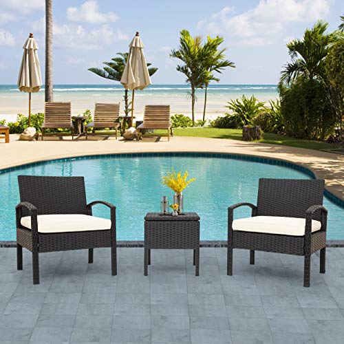 Pectt Set di mobili da giardino per esterni, 3 pezzi, sedie in vimini di rattan con tavolino e cuscini spessi, set da bistrò moderno per cortile, portico, balcone