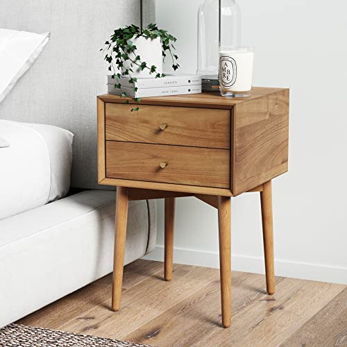Nathan James 32704 Harper Mid-Century - Comodino in legno di quercia con 2 cassetti, tavolino laterale con contenitore, colore: Marrone