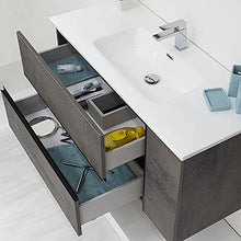 Mobile bagno sospeso 90/110 cm, cassetti e ante con chiusura rallentata, completo di specchio e lavabo in ceramioa (Effetto Pietra Oxid, Mobile 110 con lavabo e specchio)