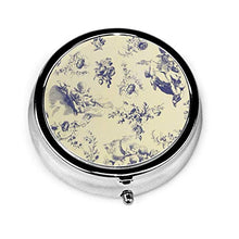 Blue Toile - Contenitore rotondo per pillole con motivo di cherubino francese a 3 scomparti, in metallo, per medicina e vitamina