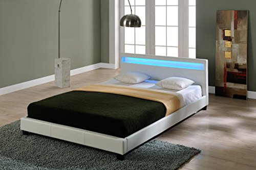 Corium Letto Imbottito Illuminazione LED (Paris) (Bianco)(140x200cm) Letto Moderno/Similpelle/con Rete a doghe di Legno /