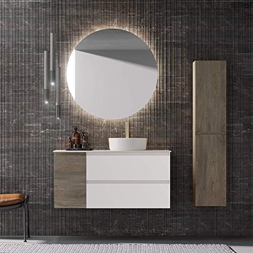 Mobili Baltic 110 cm | Bianco | Mobile 2 cassetti Bianchi + 1 Anta Destra in Legno di Chicago + Piano lavabo + lavabo da appoggio