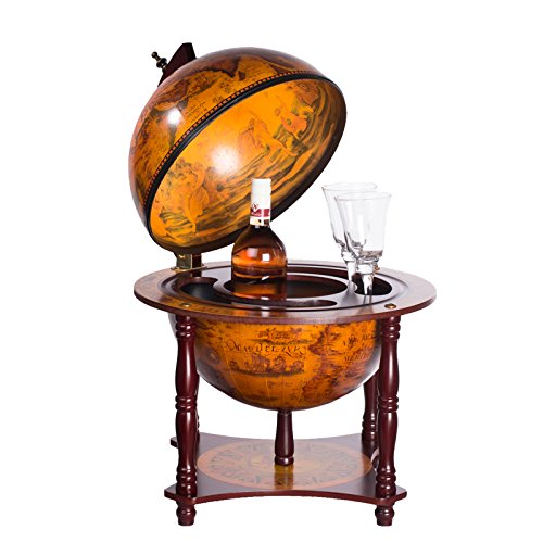Birendy Barwagen 36006 - Tavolino in Legno di eucalipto Massiccio con rotelle e mappamondo apribile, 71 cm x 44 cm