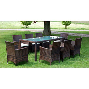 Tidyard Set da Pranzo da Giardino 9 pz con Cuscini Polyrattan Marrone, Set Mobili da Giardino in Rattan,Tavolo da Esterno 9 Posti, Tavolo con Sedie da Esterno 9 Posti 190 x 90 x 75 cm