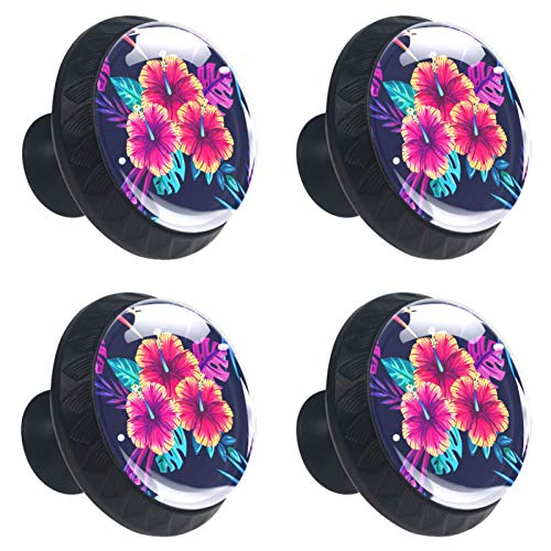 Set di 4 maniglie rotonde per armadio da cucina, credenza, cassettiera, cassettiera, con viti, per cucina, comò, armadietto, bagno, armadio, fiori tropicali viola floreale