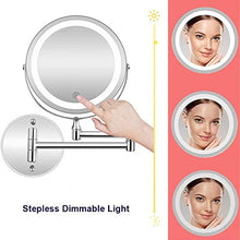 MRJ Specchio Ingranditore con Luce LED, Specchietti da Trucco a Parete Bilaterali a LED, Cromato in Metallo, Lente d'Ingrandimento 10x e Specchio Piatto, USB Ricaricabile