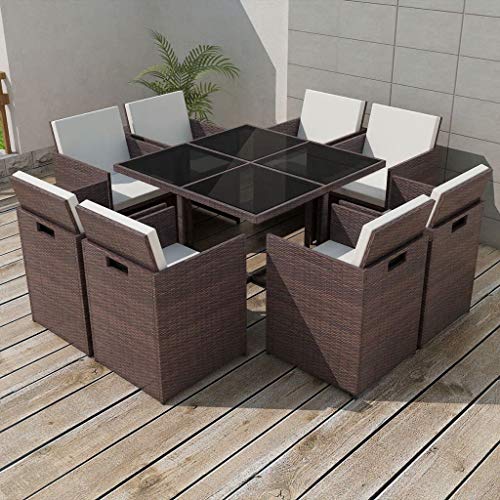 FAMIROSA Set da Pranzo da Giardino 9 pz con Cuscini Polyrattan Marrone-2544