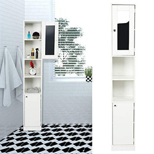 Armadietto da Bagno, Mobile Alto per il Bagno con Specchio e 2 Scomparti Aperti, Mobile a Colonna per Bagno Alto Mobiletto Bagno Salvaspazio, 28,8 x 29,8 x 179,5 cm