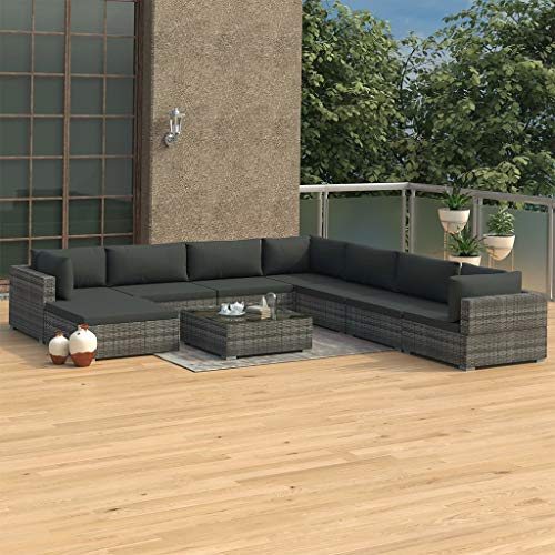 SKM Set Divani da Giardino 9 pz con Cuscini in Polyrattan Nero D