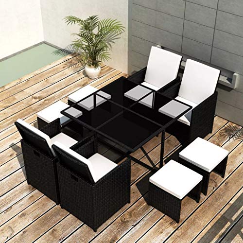 FAMIROSA Set da Pranzo da Giardino 9 pz con Cuscini in Polyrattan Nero -2522