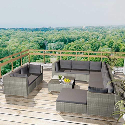 SKM Set Divani da Giardino 10 pz con Cuscini in Polyrattan Grigio