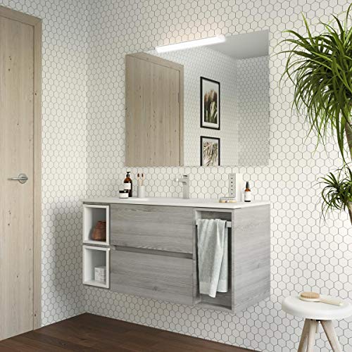 Yellowshop. - Mobile Bagno sospeso 120 cm Stile Moderno lavabo toeletta specchiera LED MOD. Block (Pino Bahia)
