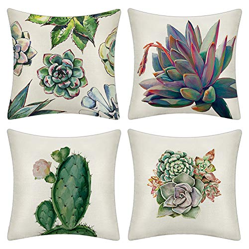 JOTOM Fodera per Cuscino Pittore Cactus Pianta Modello Mediterraneo Federa per Divano Casa Soggiorno Camera da Letto Decorazione Interna,45x45cm,Set di 4(Succulente)