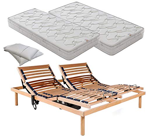 SARDAMATERASSI - Kit letto ortopedico, rete motorizzata matrimoniale doppio motore OKIN per lato, regolazione indipendente testa e piedi con telecomando + 2 materassi memory + coppia guanciali omaggio