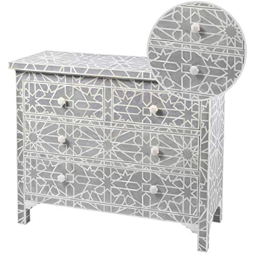 Azura Home Style Floreat - Cassettiera con 4 cassetti, intarsiata a mano, osso di bufalo - Blu-grigio, cassettiera, tavolo d'ingresso.