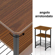 Tavolino quadrato in legno con gambe in ferro battuto con pannello in legno e ripiano/cassettiera con griglia