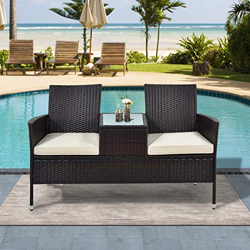 Loveseat all'aperto in rattan con tavolino da salotto in vetro integrato, sedia a 2 posti in vimini PE e cuscini, moderna panca in rattan, set di conversazioni per giardino, cortile, piscina