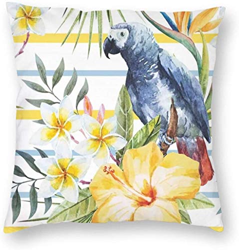 WHEYT Pappagallo Orchidee E Fiori di Ibisco Giungla Hawaiana Decorativo Quadrato Coperte per Cuscini Fodere per Cuscini 16X16 Pollici