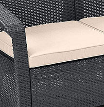 Keter Corfu Lounge Set, Mobili da Giardino con Divano 2 Posti, 2 Poltrone e Un Tavolino con Cuscini, Grafite, 50X168X75 Cm