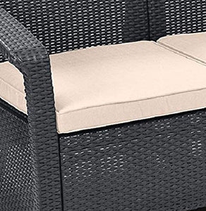 Keter Corfu Lounge Set, Mobili da Giardino con Divano 2 Posti, 2 Poltrone e Un Tavolino con Cuscini, Grafite, 50X168X75 Cm