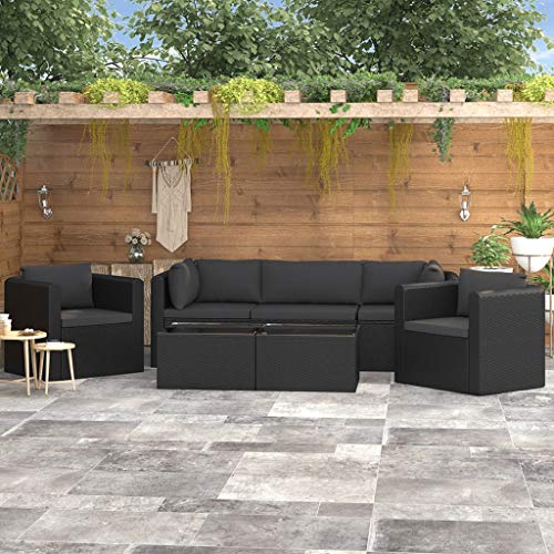 SKM Set Divani da Giardino 7 pz con Cuscini in Polyrattan Nero (79.8kg)