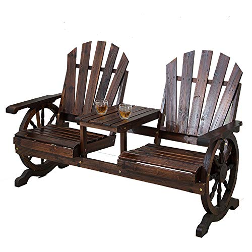 Outdoor Benches Panca in Legno con Ruota di carro, panchine con posti a Sedere nel Patio da Giardino, mobili rustici da Esterno, Panca per Sedia per 2 Persone con tavolino