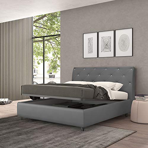 Talamo Italia Letto contenitore piazza e mezza Strauss, Made in Italy, Struttura in ecopelle imbottita, Adatto a materasso 120x190 cm, Grigio