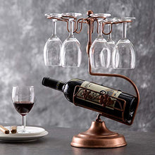 JCSW Scaffale per Vino in Metallo con Supporto per Bottiglie di Vino Singolo con 6 Bicchieri per Vino, Stabile e Resistente, Resistente alla ruggine, Bronzo, H 16 Pollici