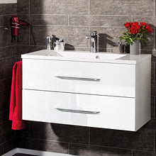 Fackelmann – Set di mobili da bagno B. Clever 2 pezzi 120 cm Bianco con mobiletto da bagno con lavabo in marmo e armadietto a specchio LED