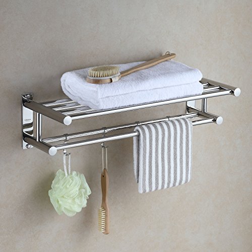 Eridanus Porta Asciugamani Bagno, Portasciugamani da Parete con Mensole Doppia in Accaio Inox SUS304, Mensola Portasciugamani con Ganci, Lucido, Scaffale Barre, Stile Hotel - 60 x 22,5 x 16 cm