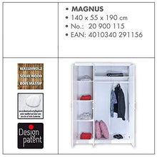 InHouse srls Magnus Armadio 3 Ante con Ripiani. Dim.140X55X190H Pino Massello Verniciato Ad Acqua Bianco. Articolo in Kit.